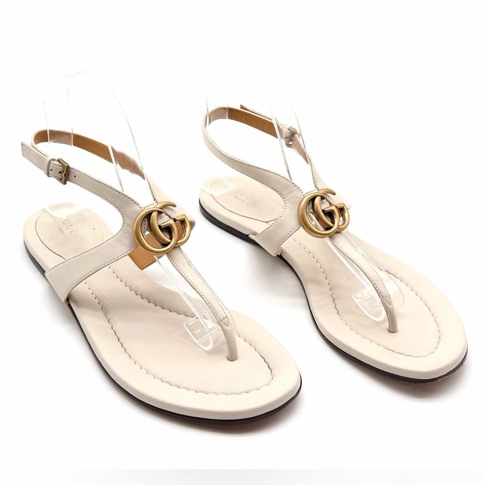 Gucci GG Marmont Double G Thong Sandals Buckle Closure Flats White EU 38.5